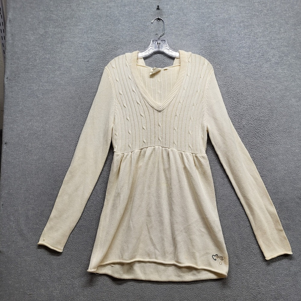 Roxy Women Sweater XL Cream Tunic Cable Knit Hooded Logo Pullover READ